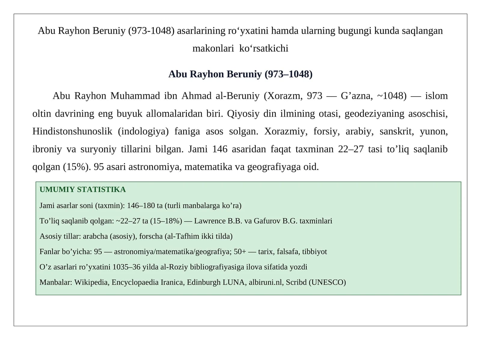 Abu Rayhon Beruniy (973-1048) asarlar