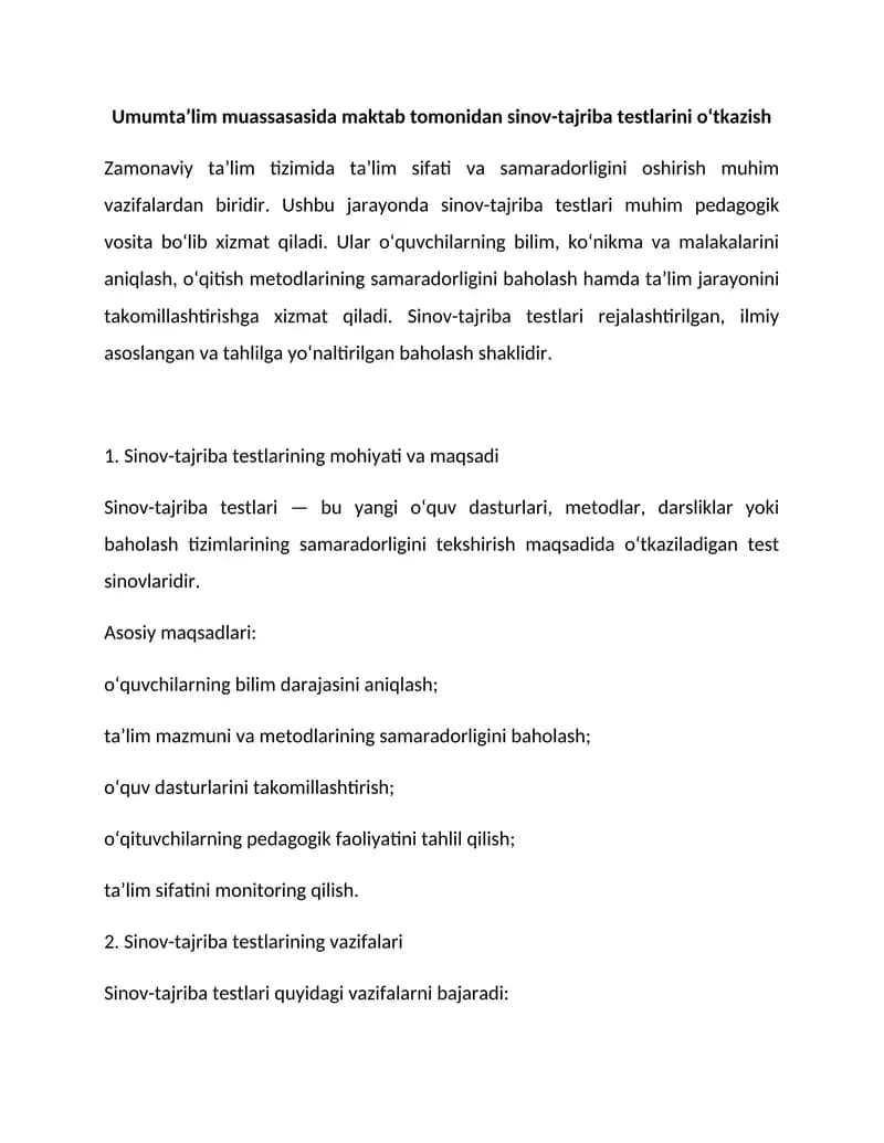 Sinov-tajriba testlarini o‘tkazish