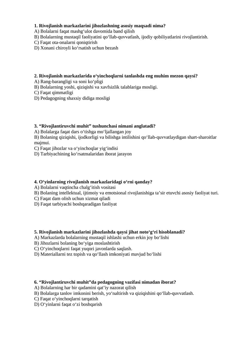 O‘yinlarning rivojlanish markazlarida o‘rnidan test
