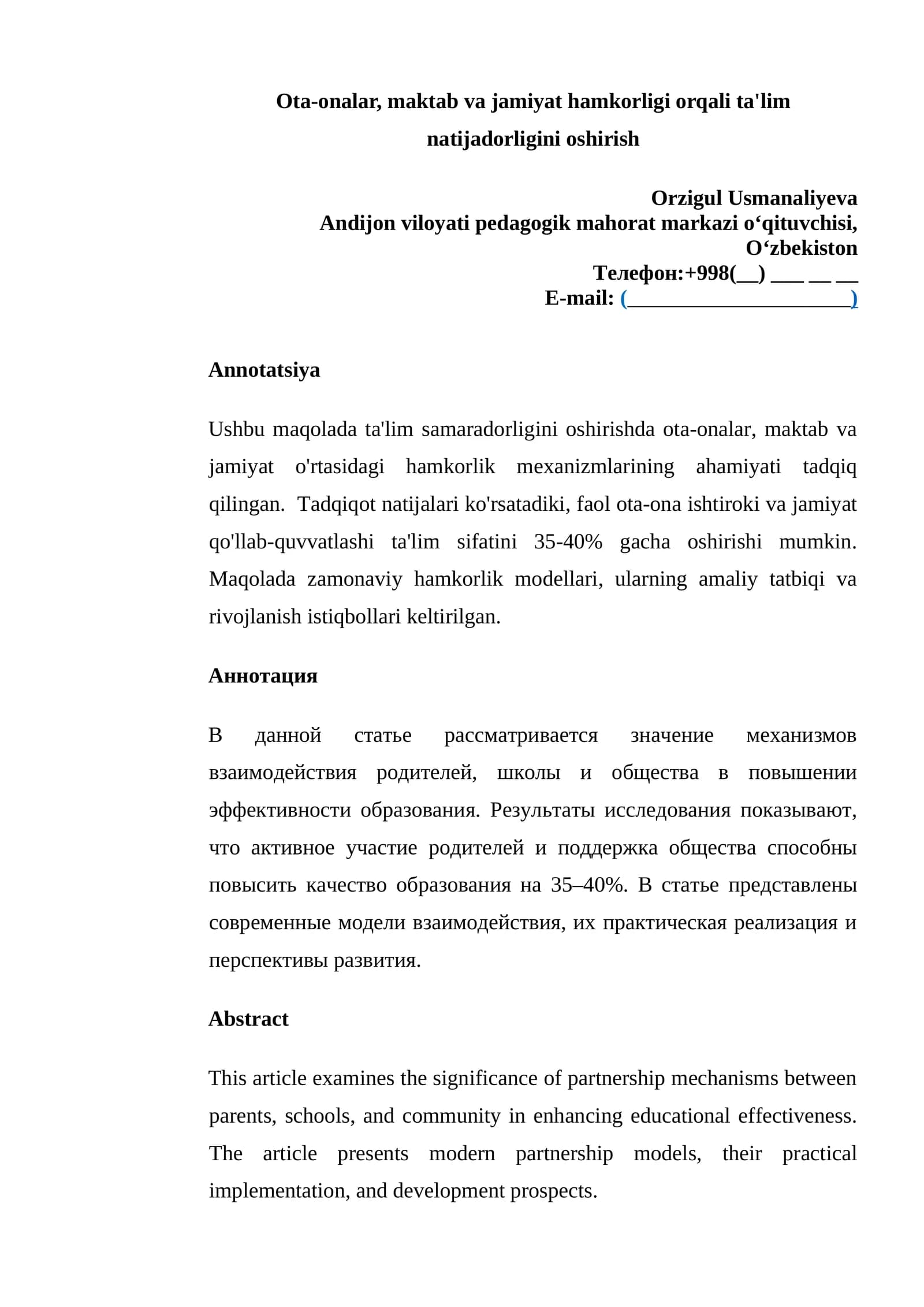 Ota-onalar, maktab va jamiyat hamkorligi orqali ta'lim natijadorligini oshirish