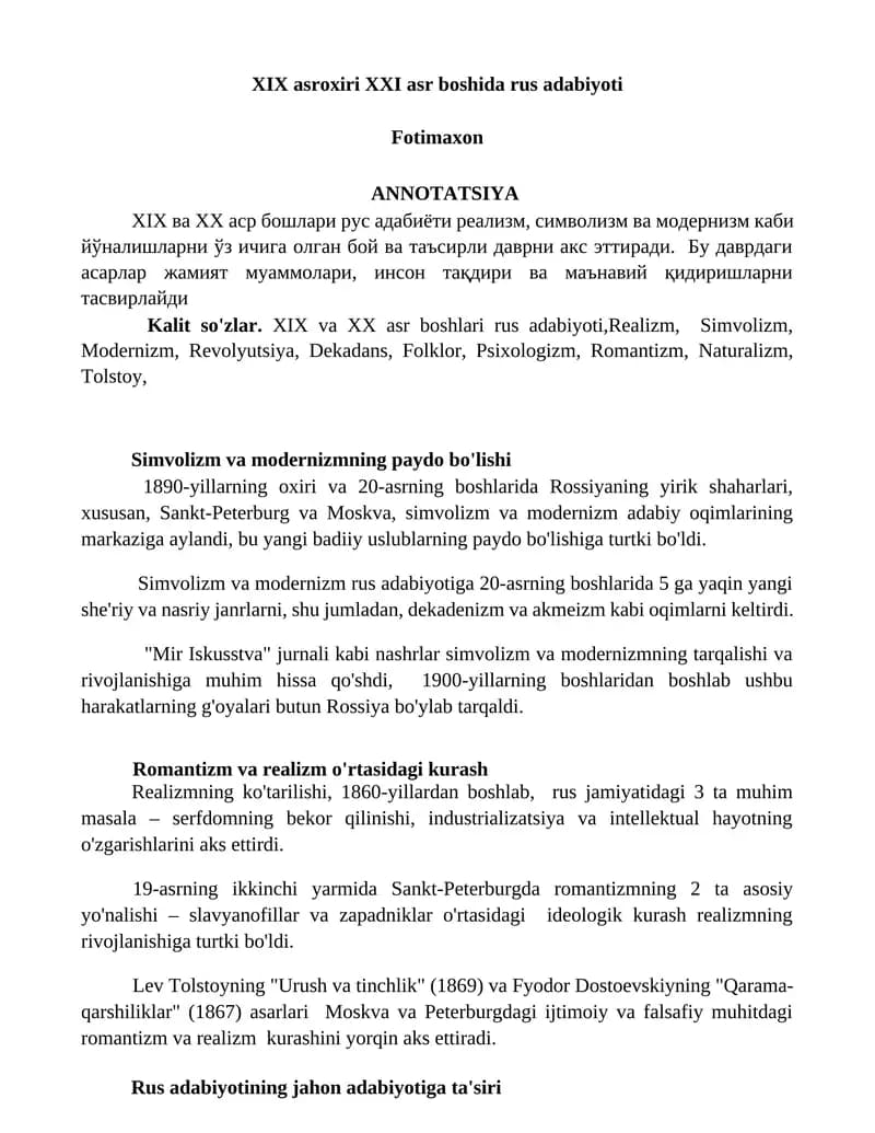 XIX asroxiri XXI asr boshida rus adabiyoti