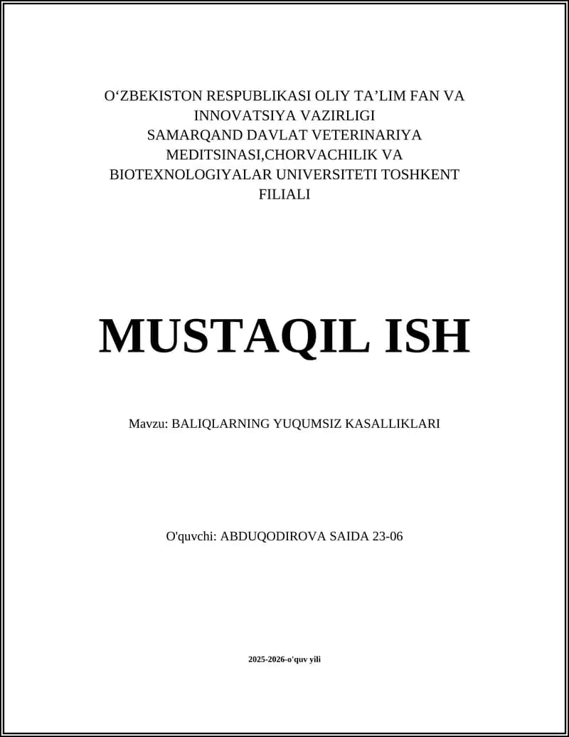 BALIQLARNING YUQUMSIZ KASALLIKLARI