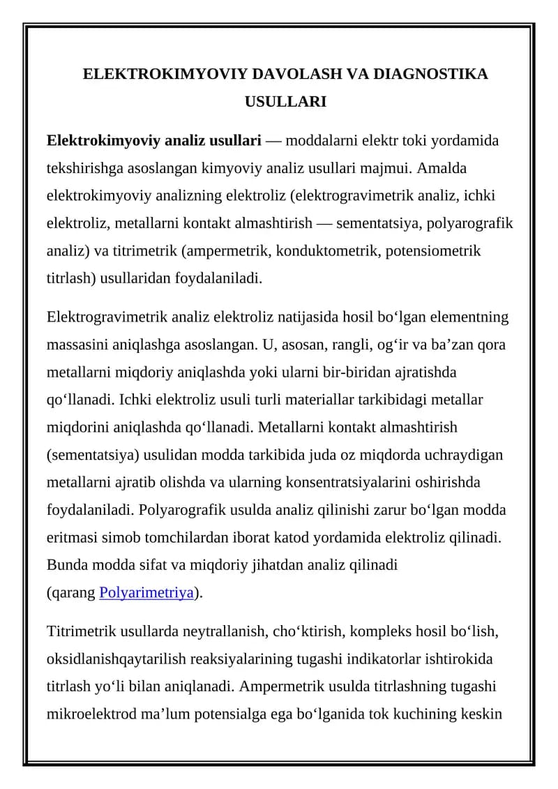 ELEKTROKIMYOVIY DAVOLASH VA DIAGNOSTIKA USULLARI