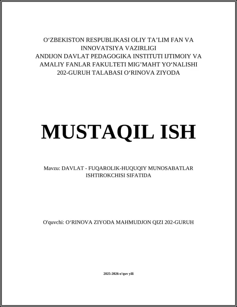Davlat - Fuqarolik-huquqiy munosabatlar ishtirokchisi sifatida
