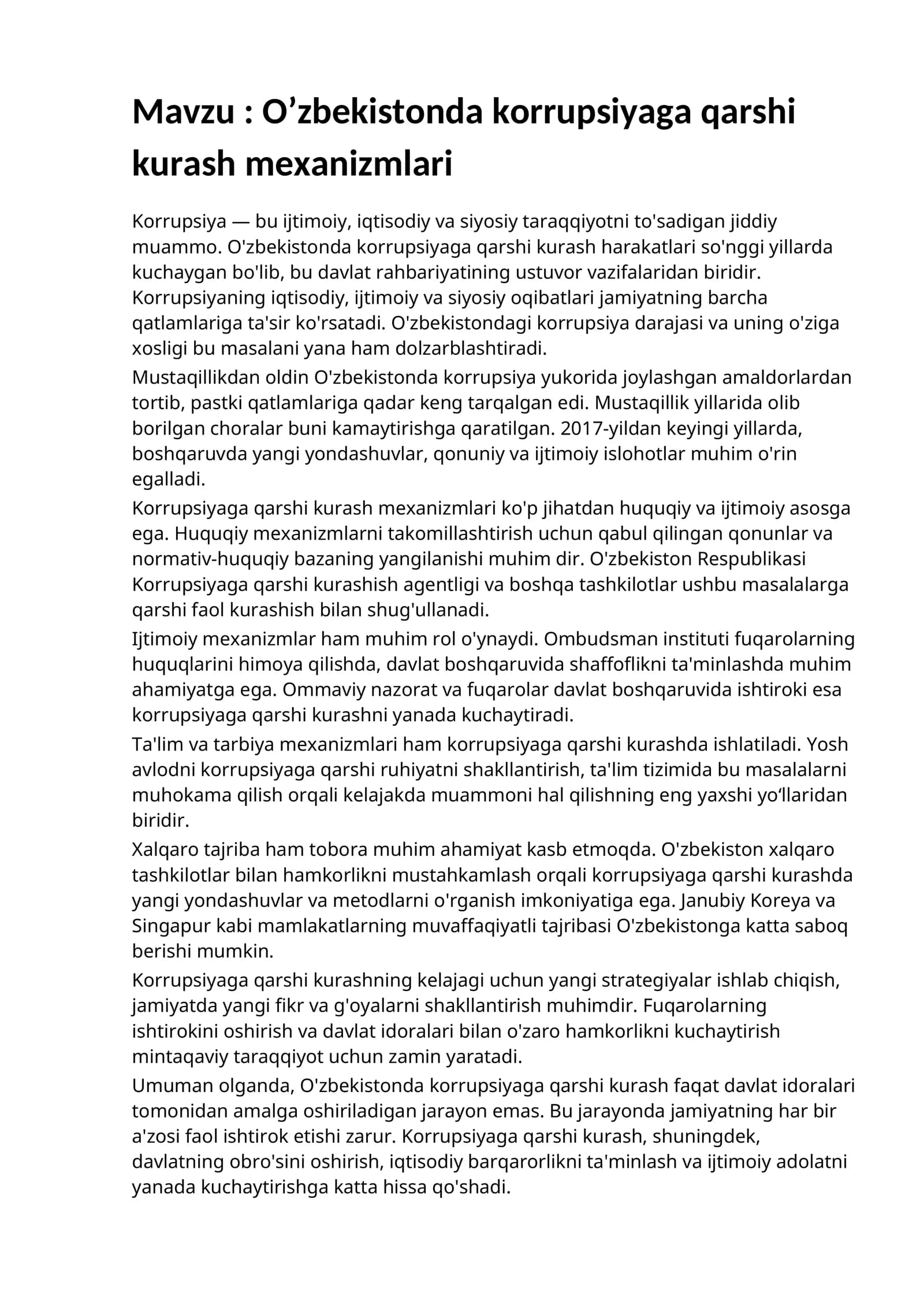 O’zbekistonda korrupsiyaga qarshi kurash mexanizmlari