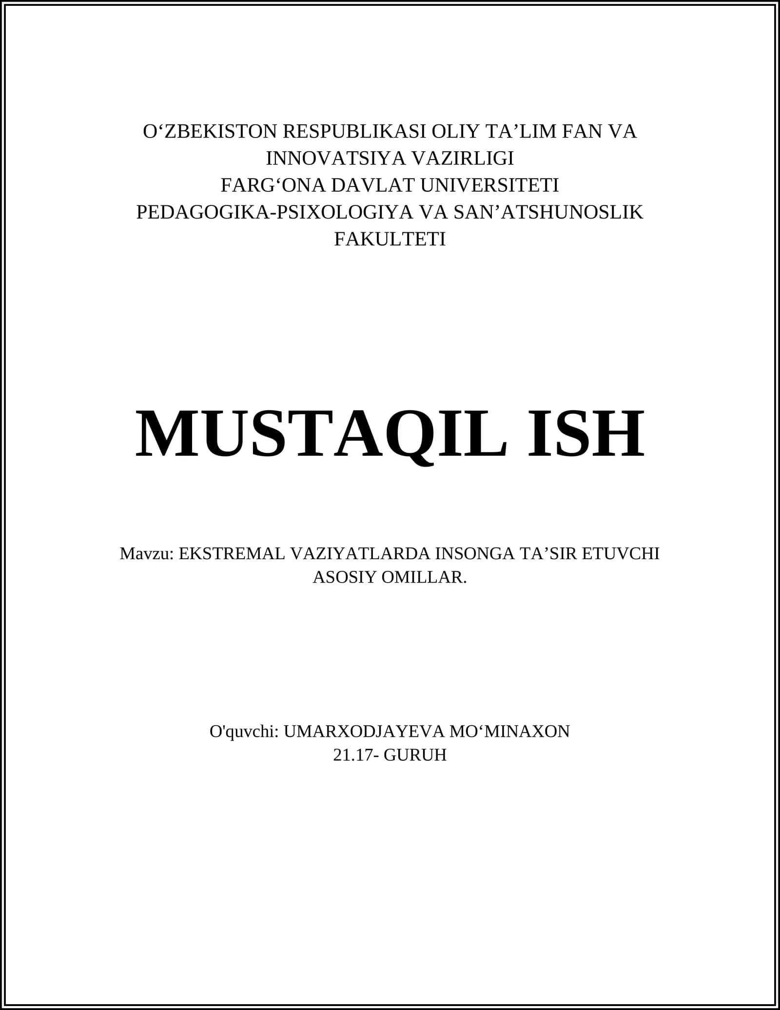 EKSTREMAL VAZIYATLARDA INSONGA TA’SIR ETUVCHI ASOSIY OMILLAR