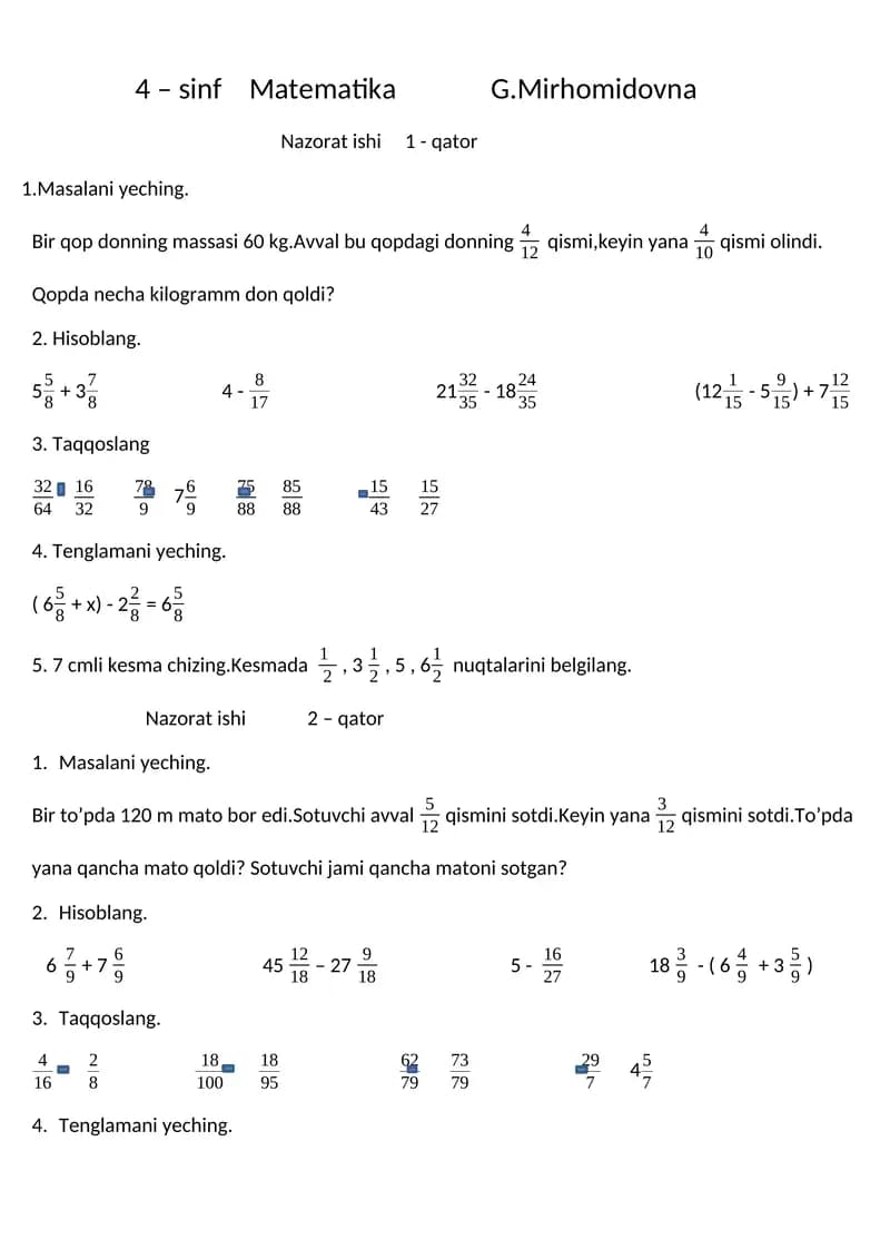 4 – sinf Matematika Nazorat ishi