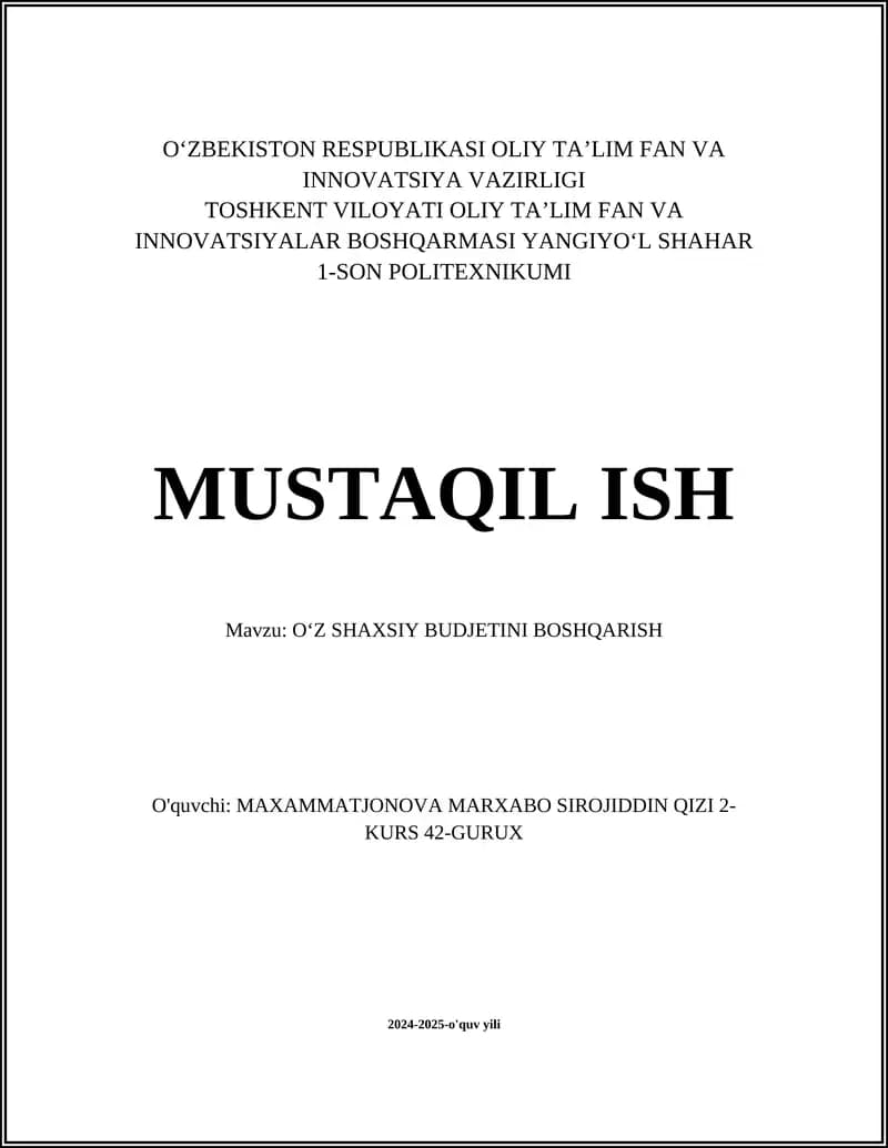OʻZ SHAXSIY BUDJETINI BOSHQARISH