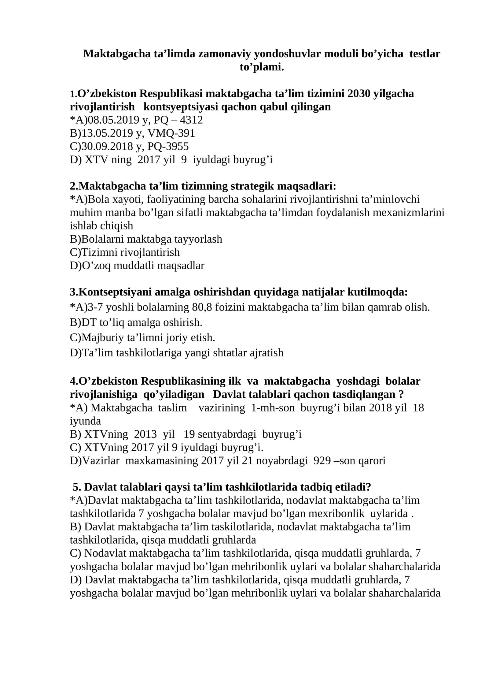 Maktabgacha ta’limda zamonaviy yondoshuvlar moduli bo’yicha testlar to’plami
