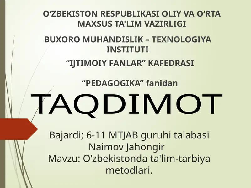 O‘zbekistonda ta'lim-tarbiya metodlari