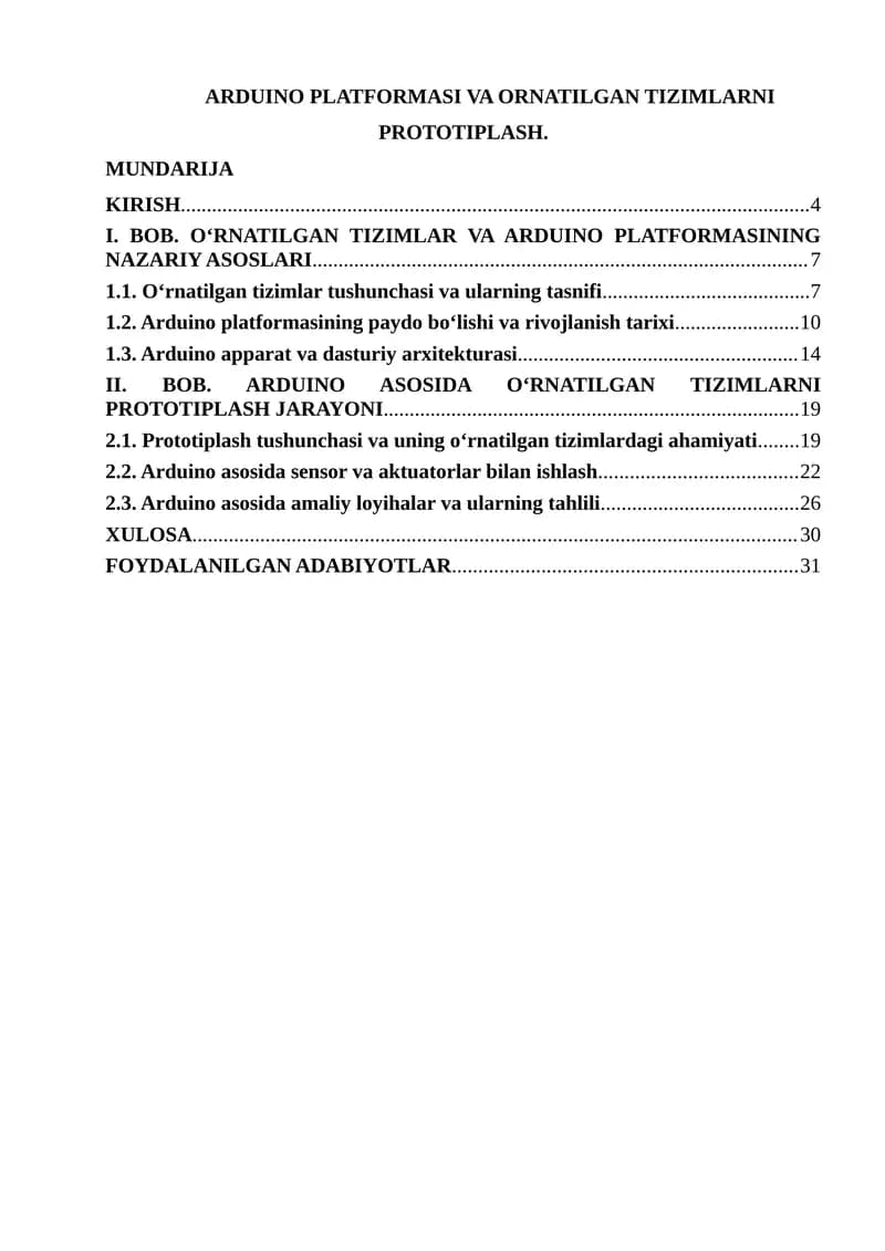 ARDUINO PLATFORMASI VA ORNATILGAN TIZIMLARNI PROTOTIPLASH