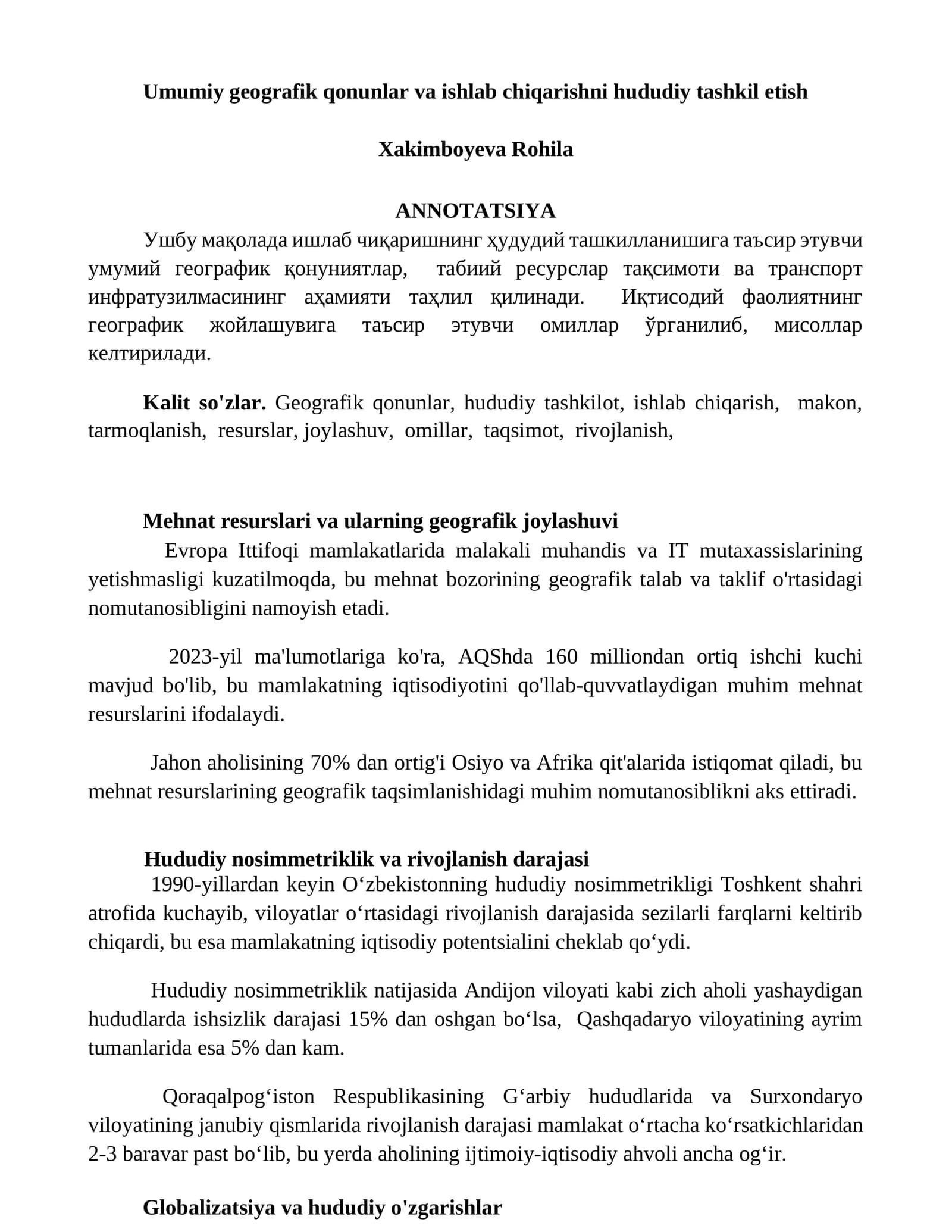 Umumiy geografik qonunlar va ishlab chiqarishni hududiy tashkil etish