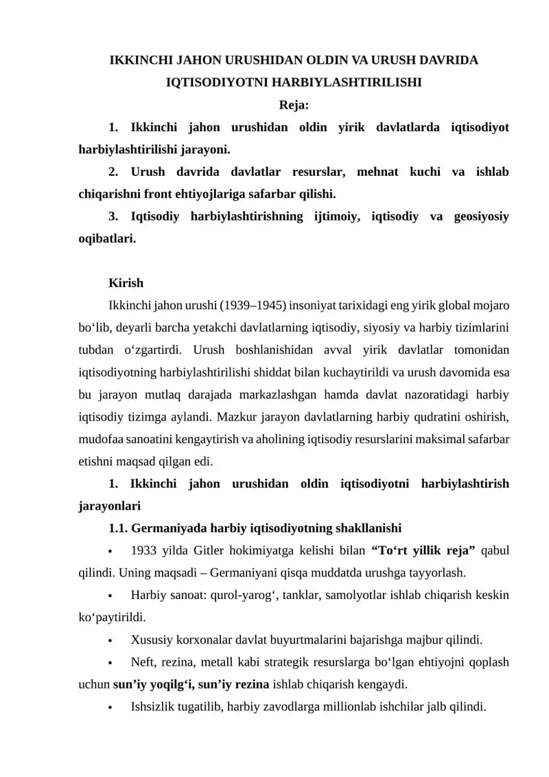 Ikkinchi jahon urushidan oldin va urush davrida iqtisodiyotni harbiylashtirilishi