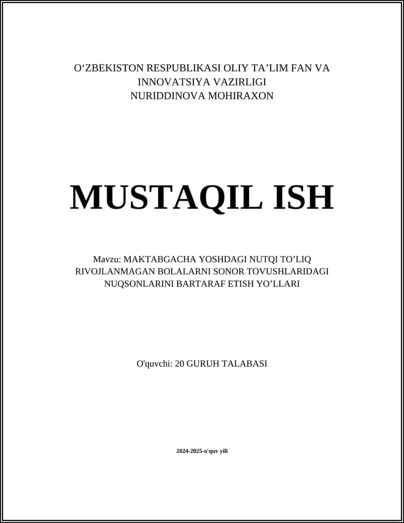 MAKTABGACHA YOSHDAGI NUTQI TO’LIQ RIVOJLANMAGAN BOLALARNI SONOR TOVUSHLARIDAGI NUQSONLARINI BARTARAF ETISH YO’LLARI