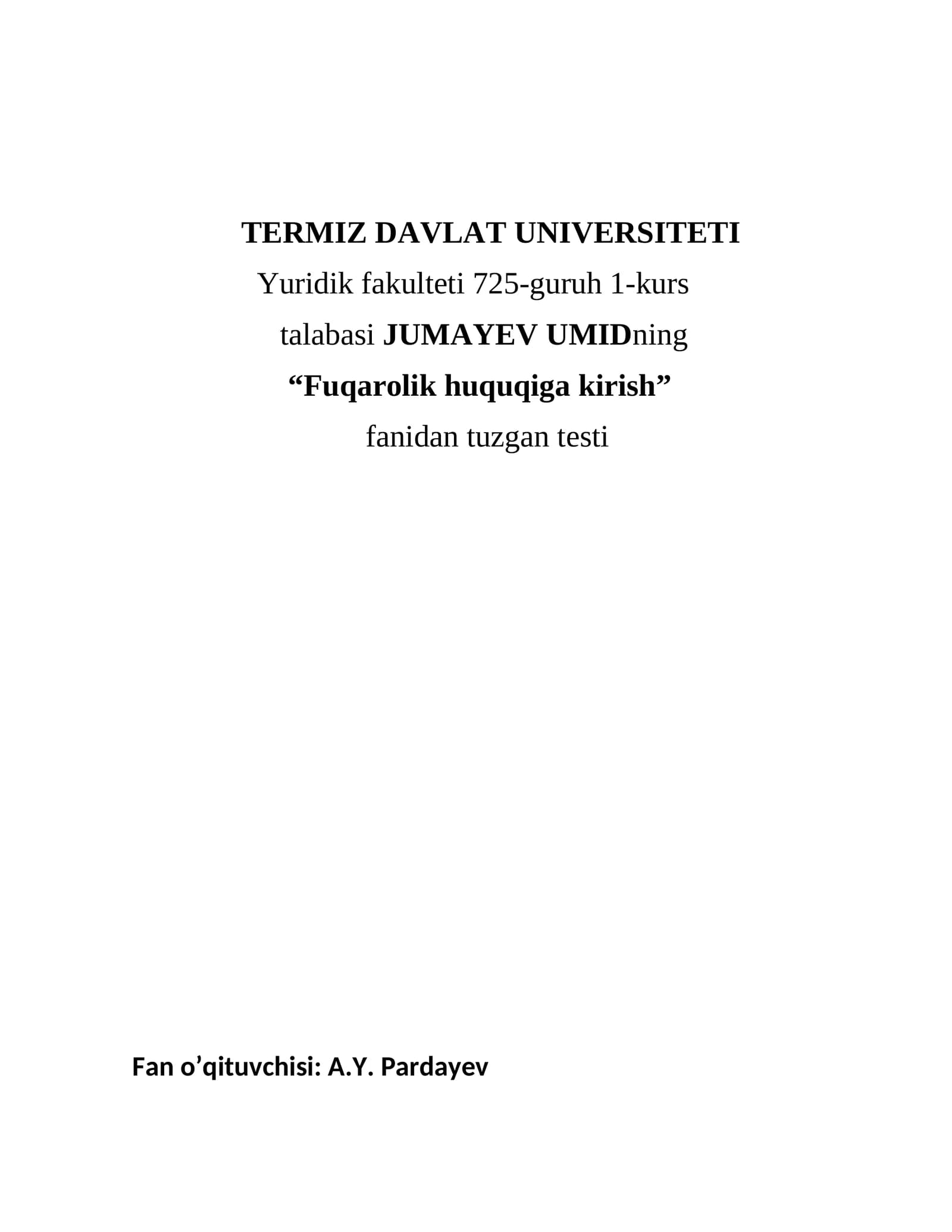 FUQAROLIK HUQUQIGA KIRISH Testi