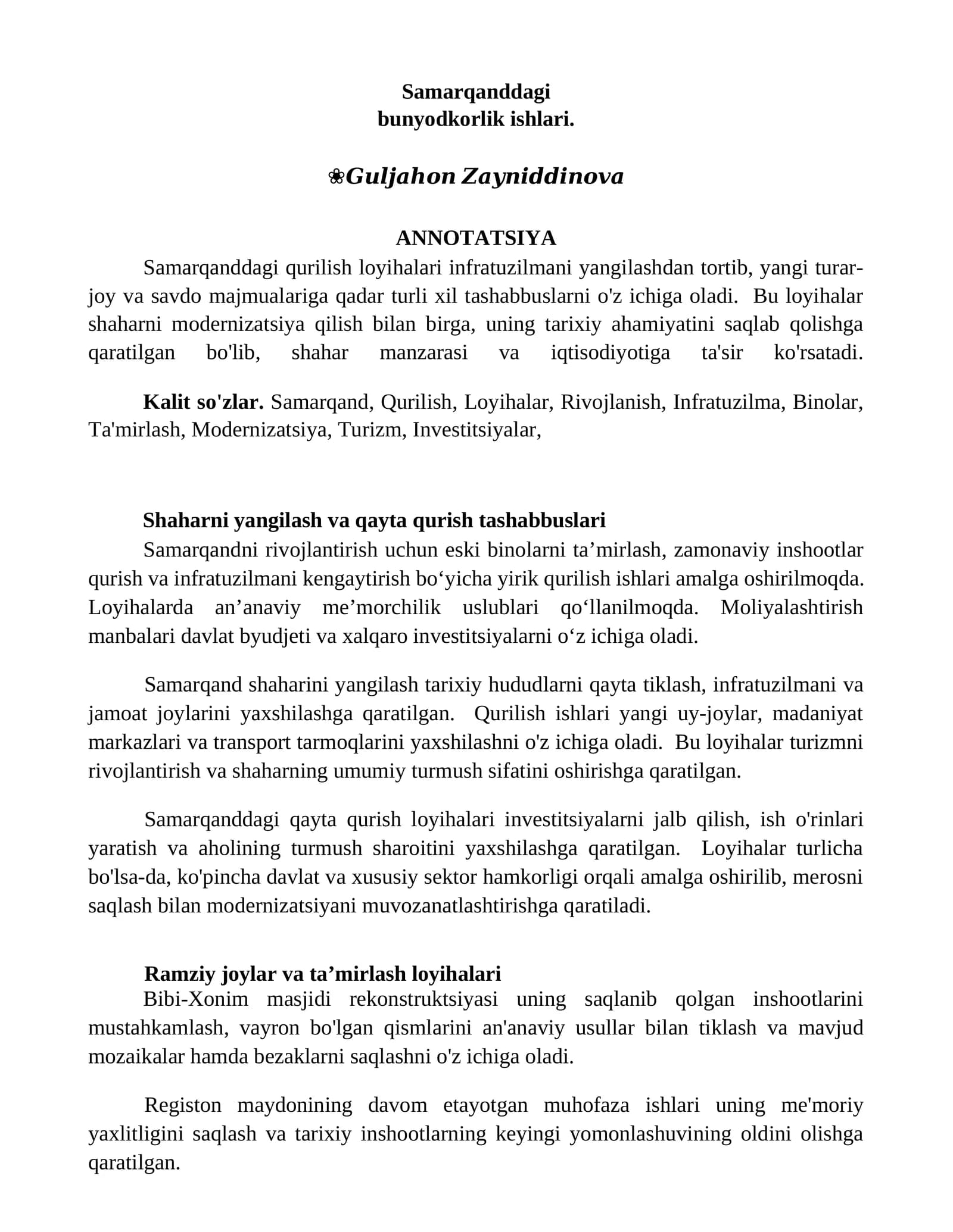 Samarqanddagi bunyodkorlik ishlari