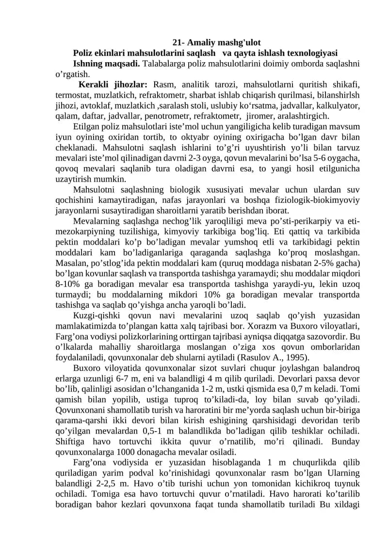 Poliz ekinlari mahsulotlarini saqlash va qayta ishlash texnologiyasi