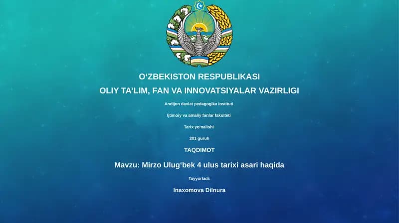 Mirzo Ulugʻbek 4 ulus tarixi asari haqida
