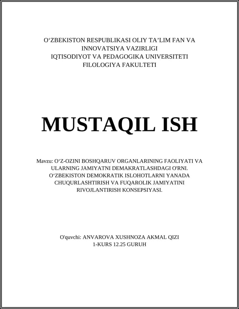 Oʻz-oʻzini boshqaruv organlari tushunchasi va huquqiy-asoslari: Oʻzbekiston kontekstida