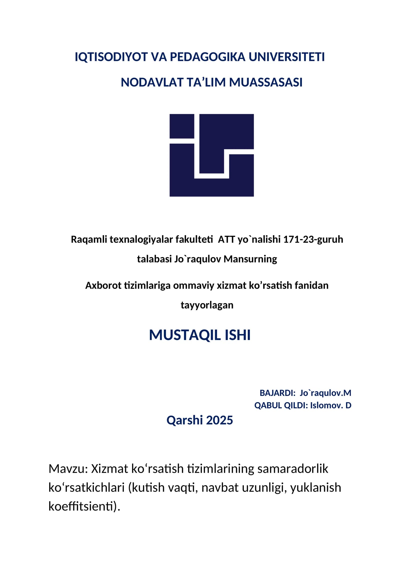 Xizmat ko‘rsatish tizimlarining samaradorlik ko‘rsatkichlari