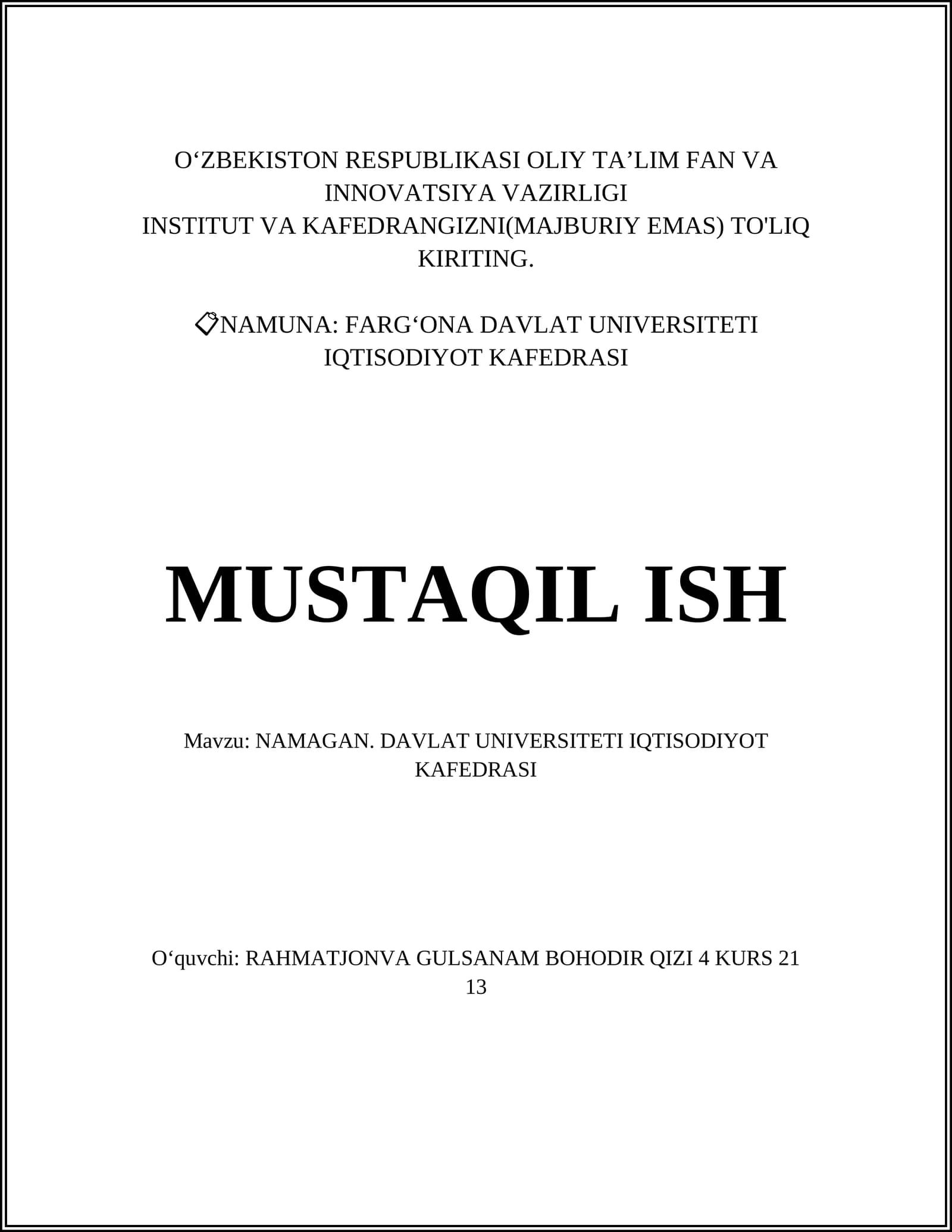 NAMAGAN. DAVLAT UNIVERSITETI IQTISODIYOT KAFEDRASI