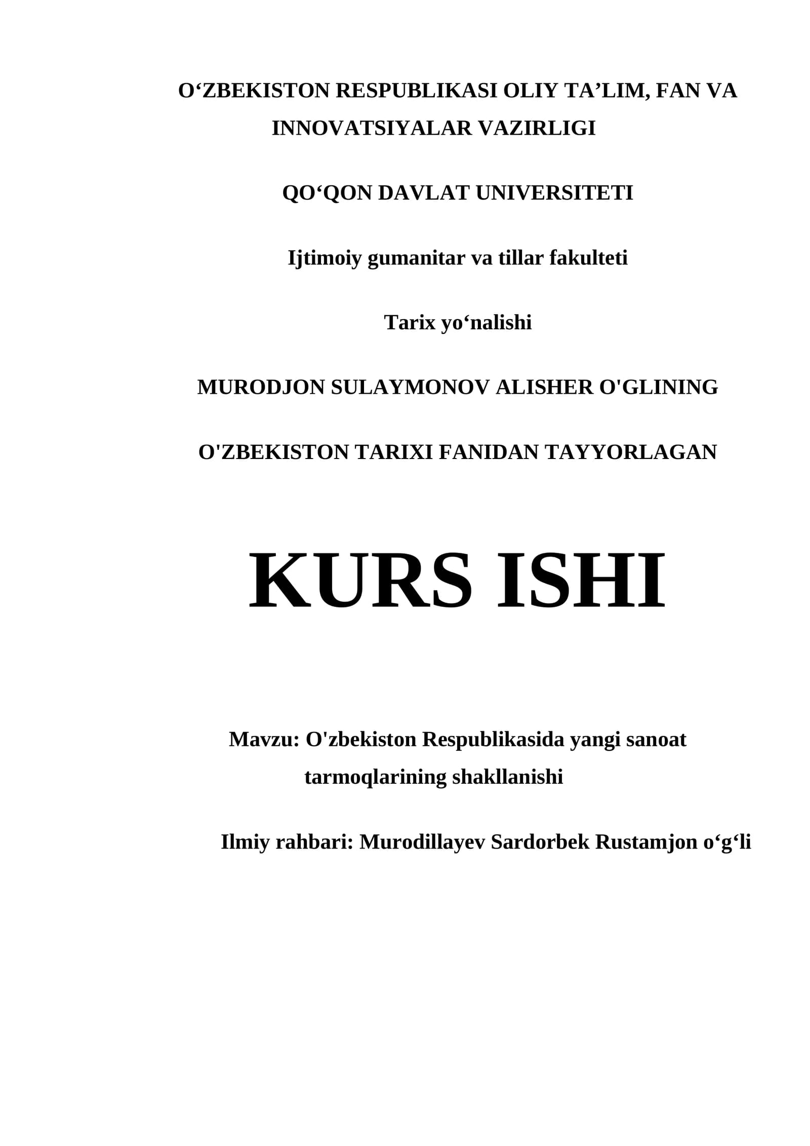 O'ZBEKISTON TARIXI FANIDAN TAYYORLAGAN KURS ISHI
