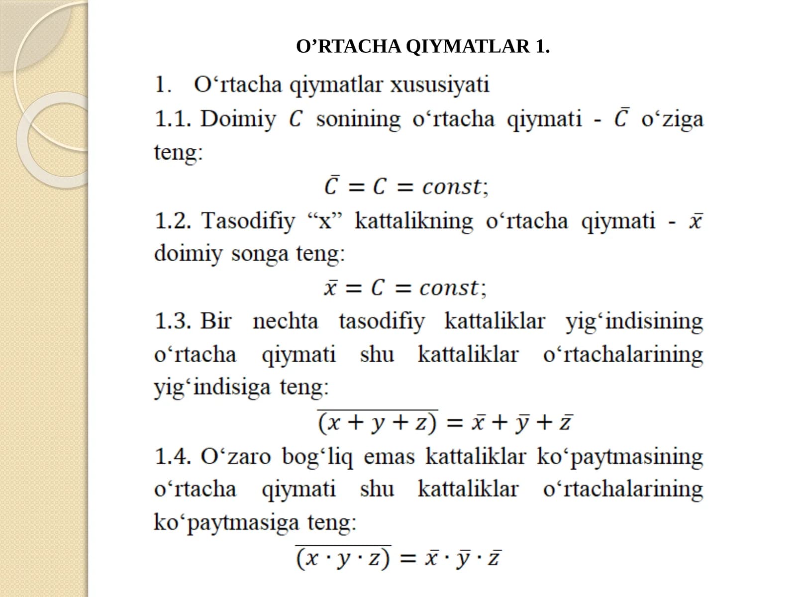 O’RTACHA QIYMATLAR