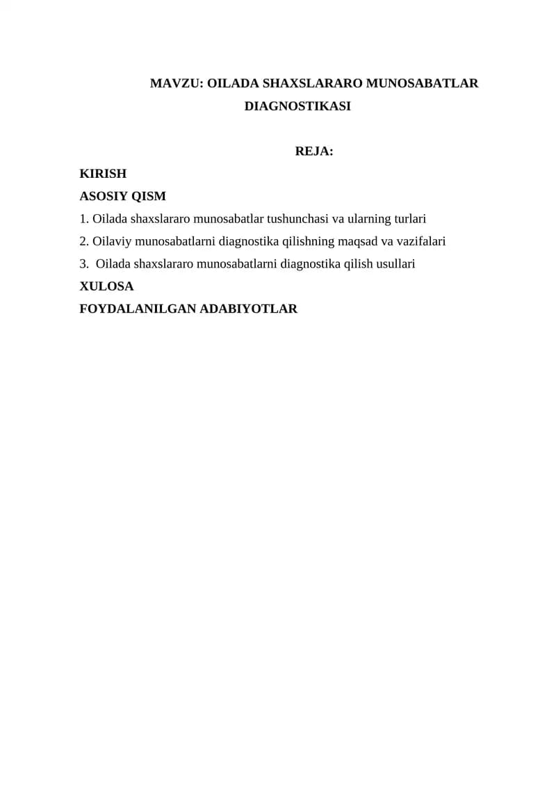 OILADA SHAXSLARARO MUNOSABATLAR DIAGNOSTIKASI
