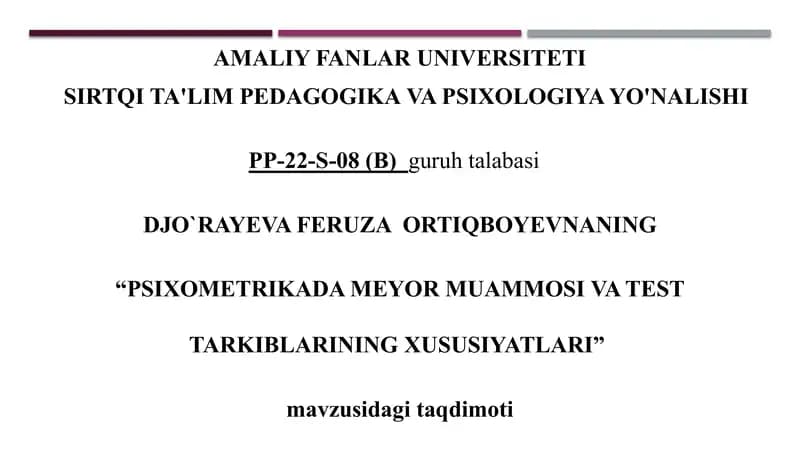 PSIXOMETRIKADA MEYOR MUAMMOSI VA TEST TARKIBLARINING XUSUSIYATLARI