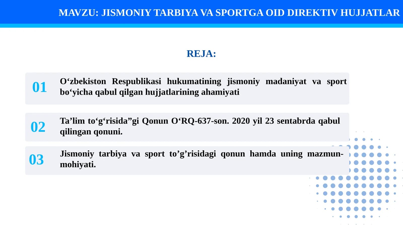 JISMONIY TARBIYA VA SPORTGA OID DIREKTIV HUJJATLAR