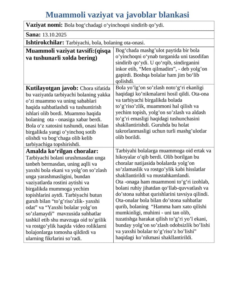 Muammoli vaziyat va javoblar blankasi