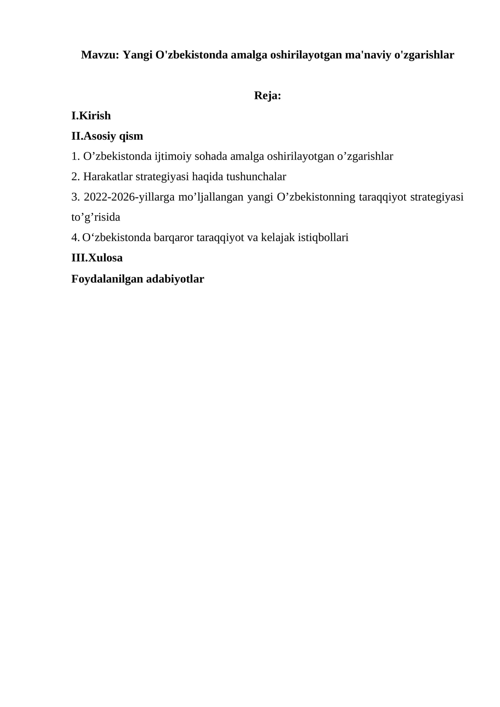 Yangi O'zbekistonda amalga oshirilayotgan ma'naviy o'zgarishlar