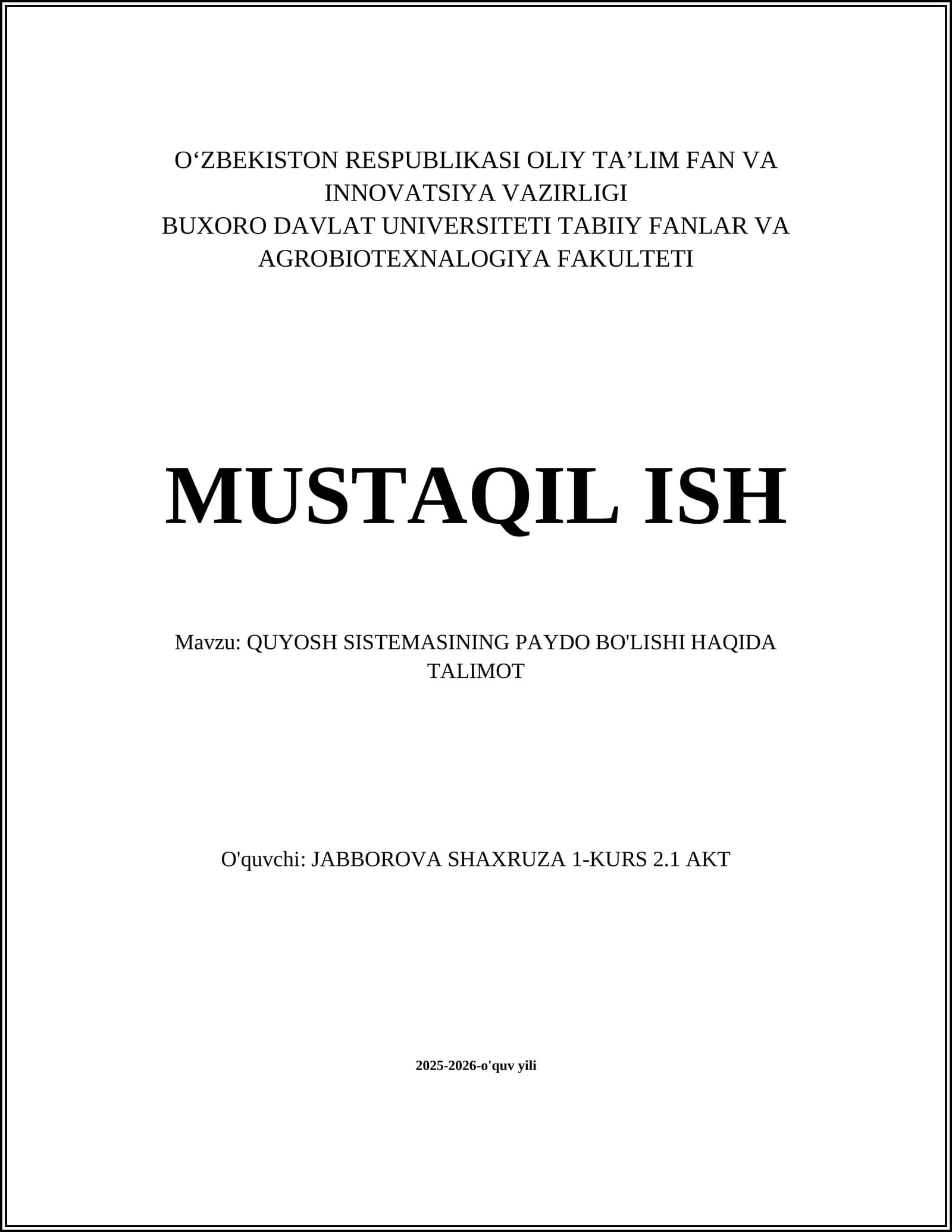 QUYOSH SISTEMASINING PAYDO BO'LISHI HAQIDA TALIMOT