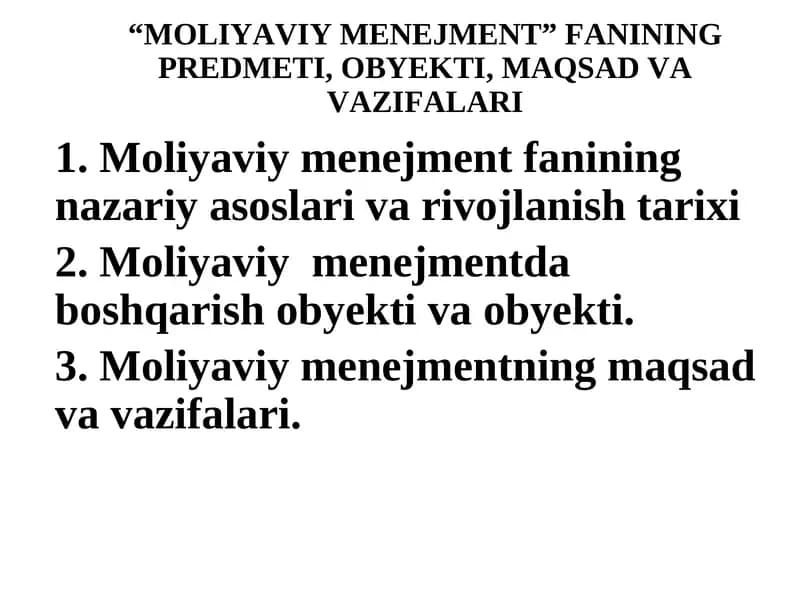 Moliyaviy Menejment Fanining Predmeti, Obyekti, Maqsad va Vazifalari
