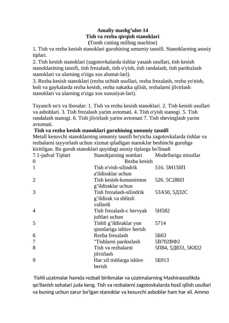 Tish va rezba qirqish stanoklari