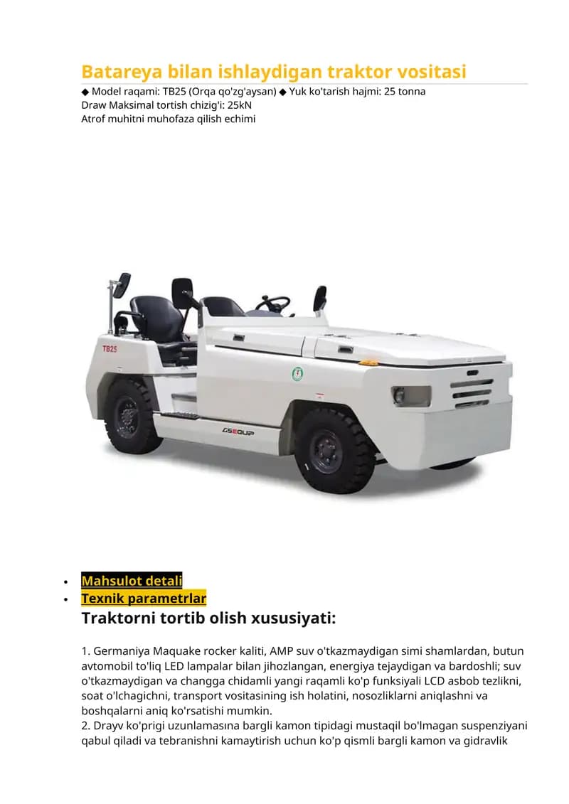 Batareya bilan ishlaydigan traktor vositasi