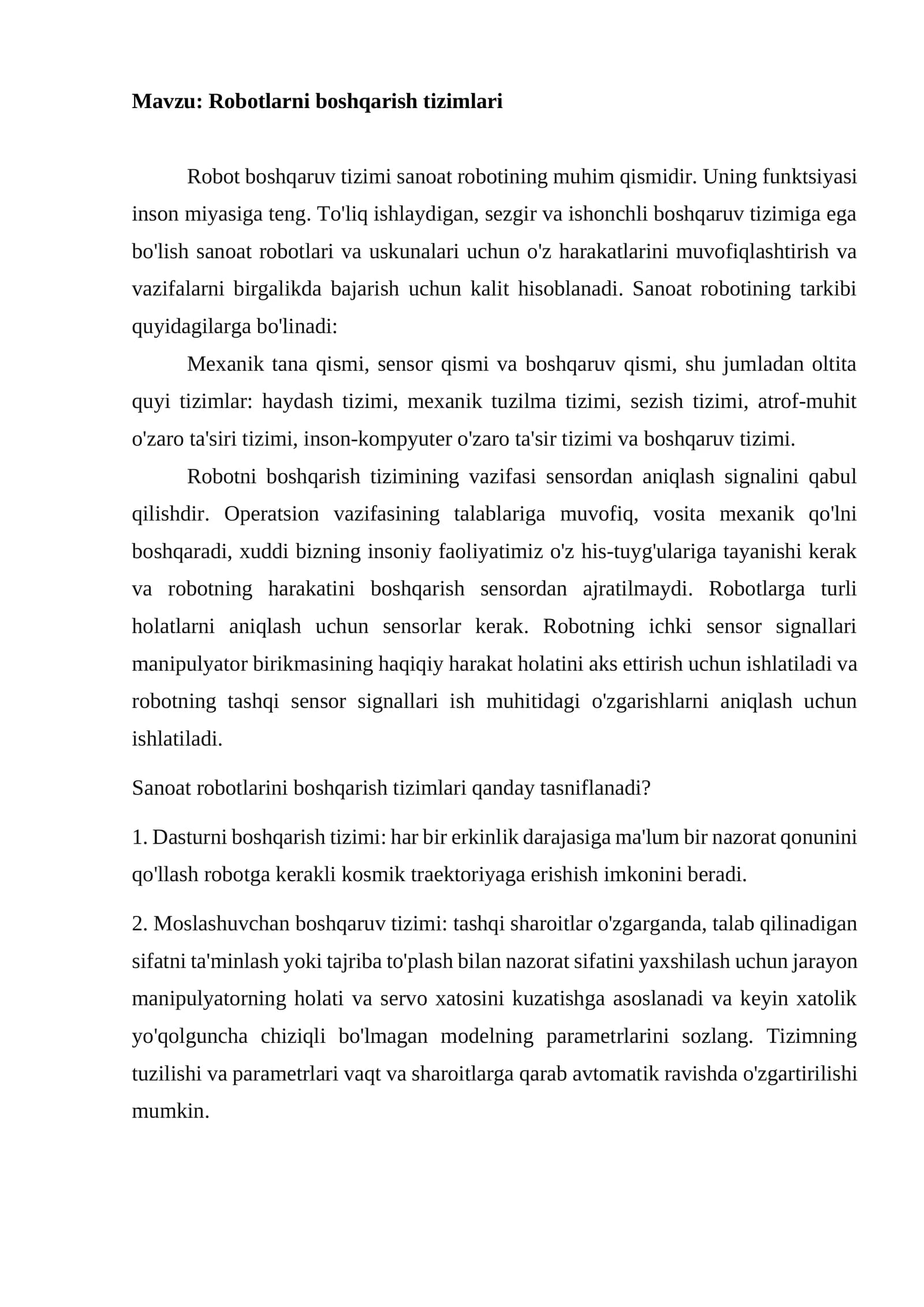 Robotlarni boshqarish tizimlari