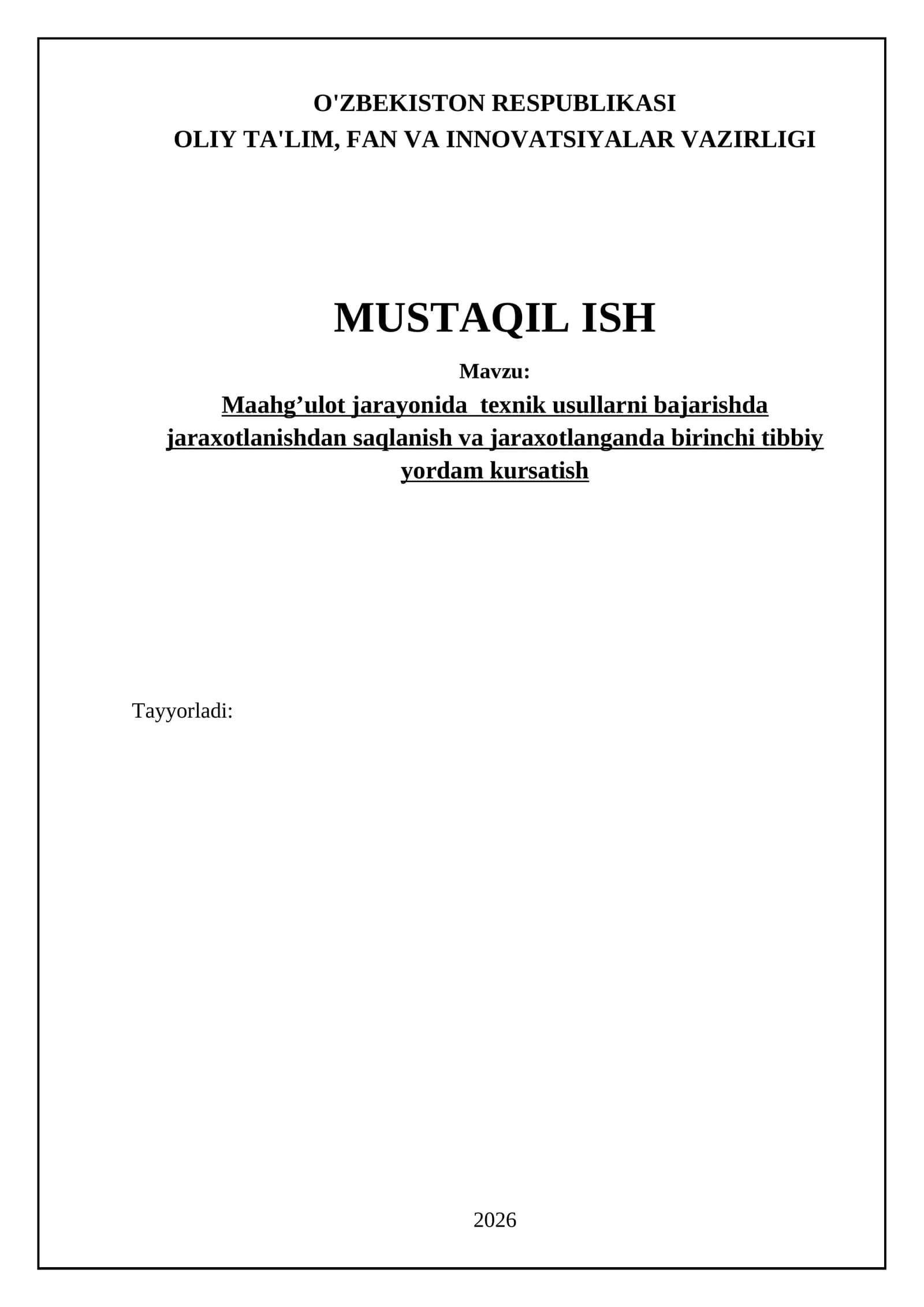 Maahg’ulot jarayonida texnik usullarni bajarishda jaraxotlanishdan saqlanish va jaraxotlanganda birinchi tibbiy yordam kursatish