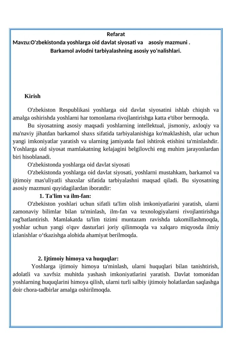 O'zbekistonda yoshlarga oid davlat siyosati va asosiy mazmuni