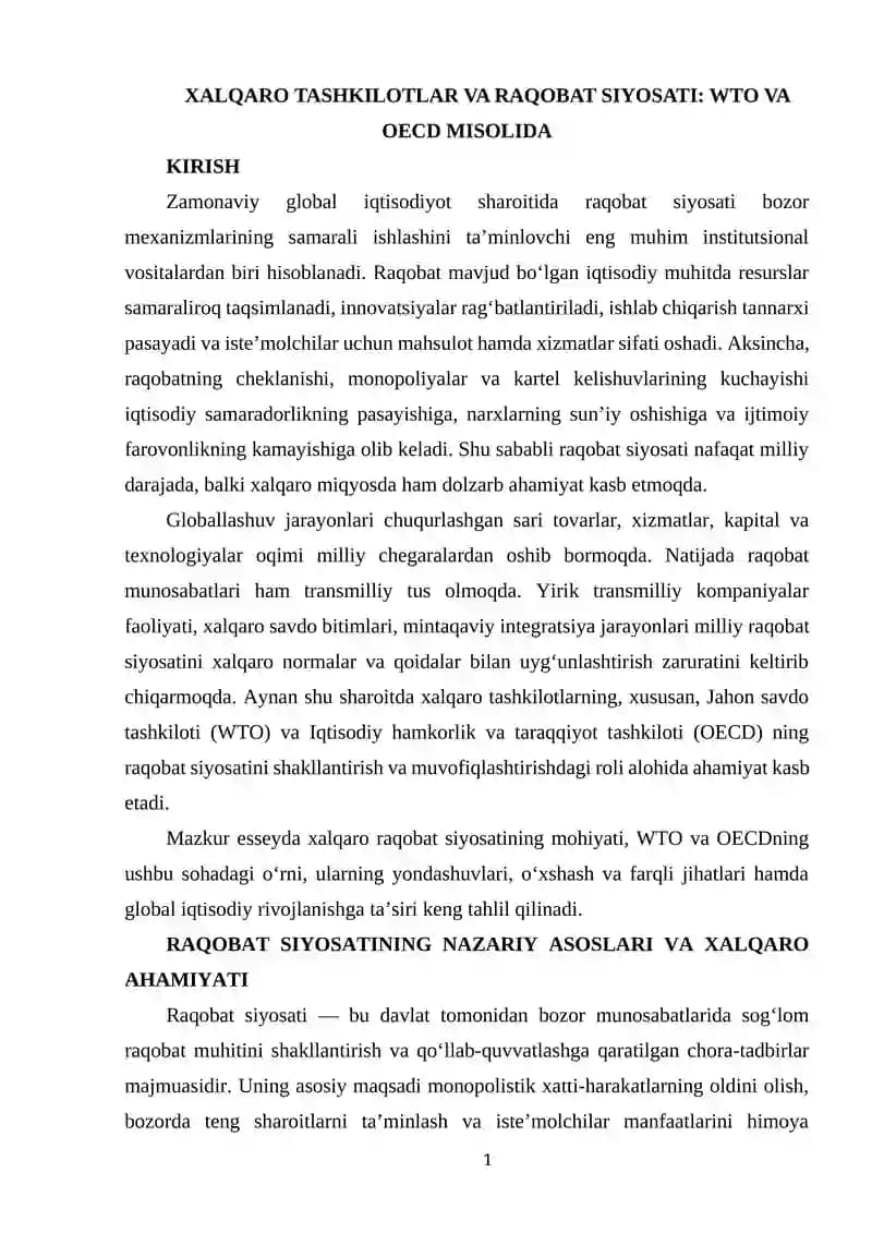 XALQARO TASHKILOTLAR VA RAQOBAT SIYOSATI: WTO VA OECD MISOLIDA