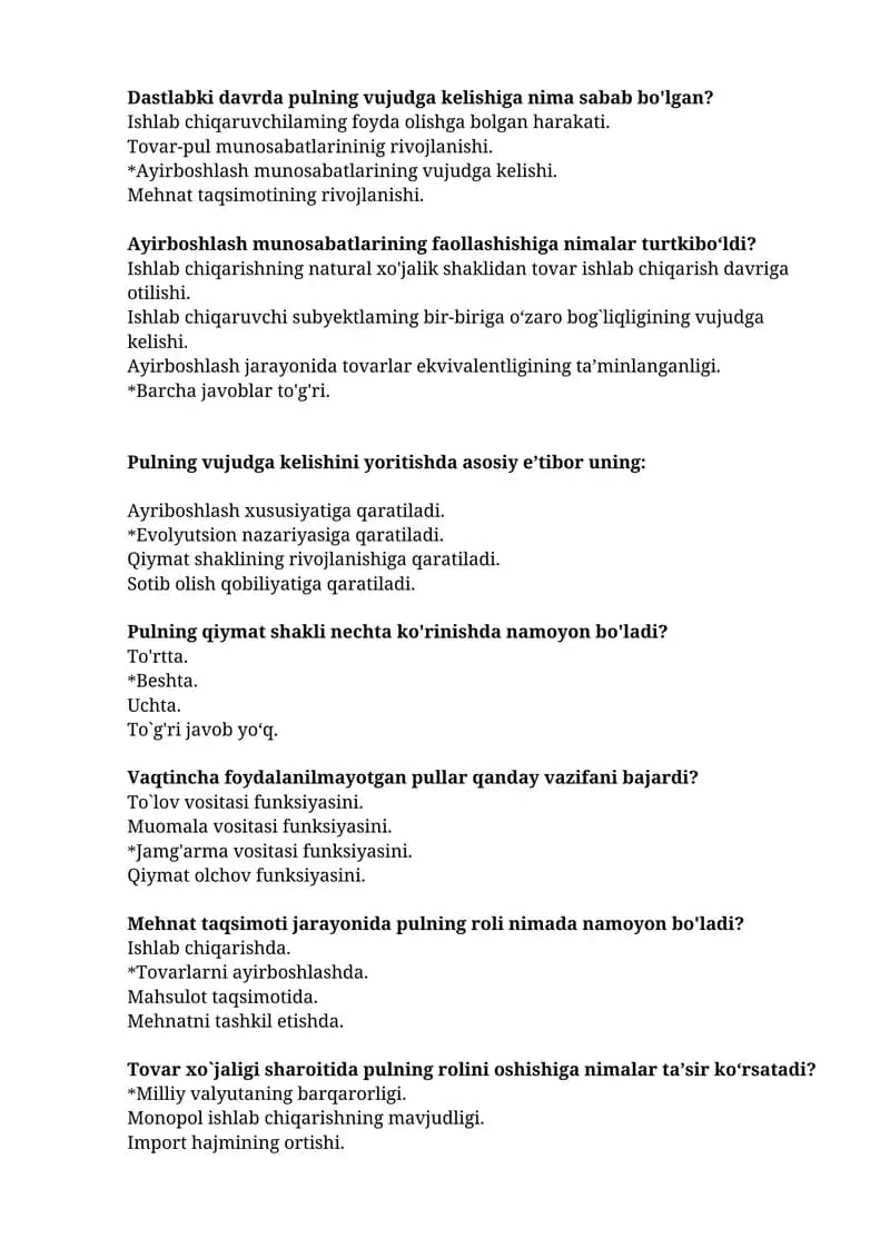 Pul va bank test savollari javoblari bilan