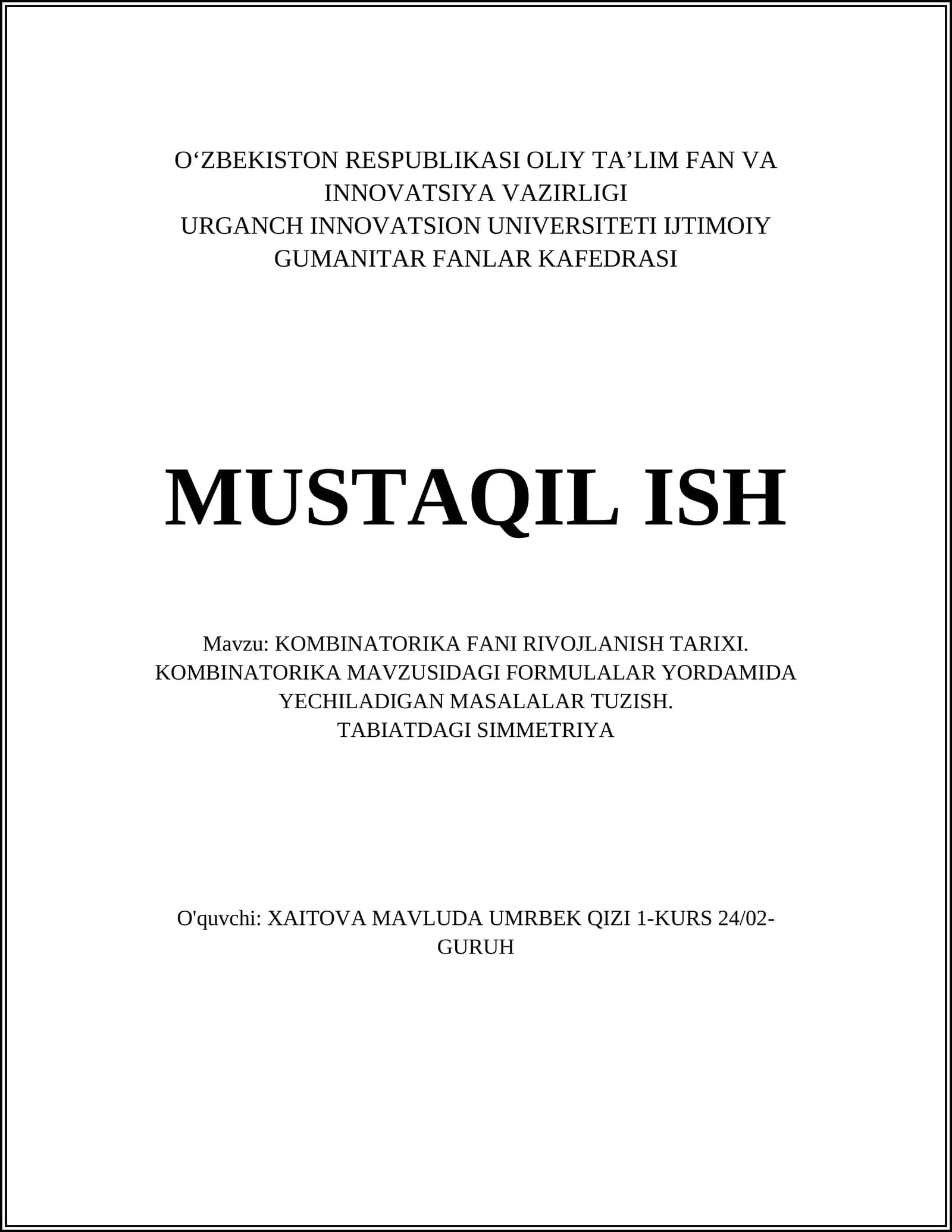KOMBINATORIKA FANI RIVOJLANISH TARIXI