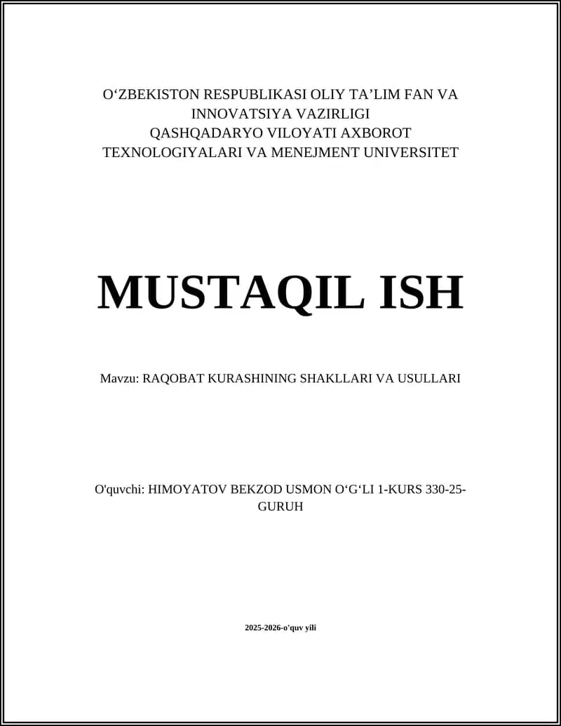 RAQOBAT KURASHINING SHAKLLARI VA USULLARI