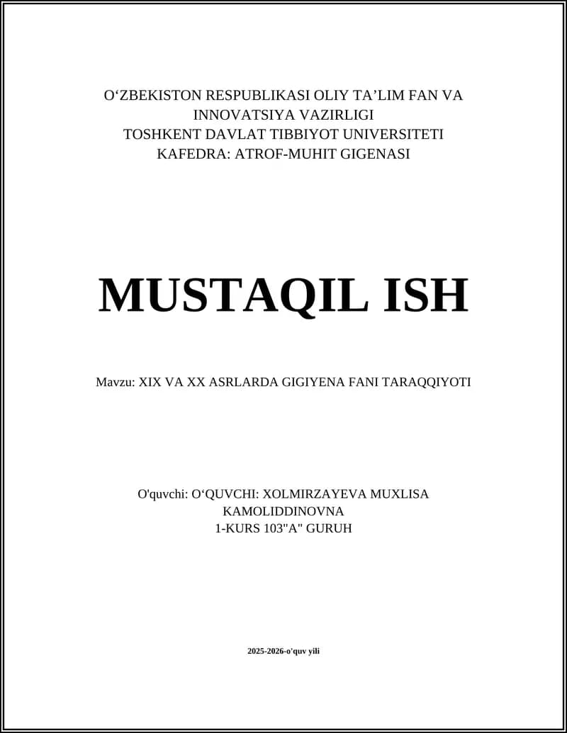 XIX VA XX ASRLARDA GIGIYENA FANI TARAQQIYOTI