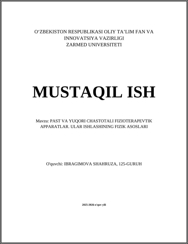 PAST VA YUQORI CHASTOTALI FIZIOTERAPEVTIK APPARATLAR