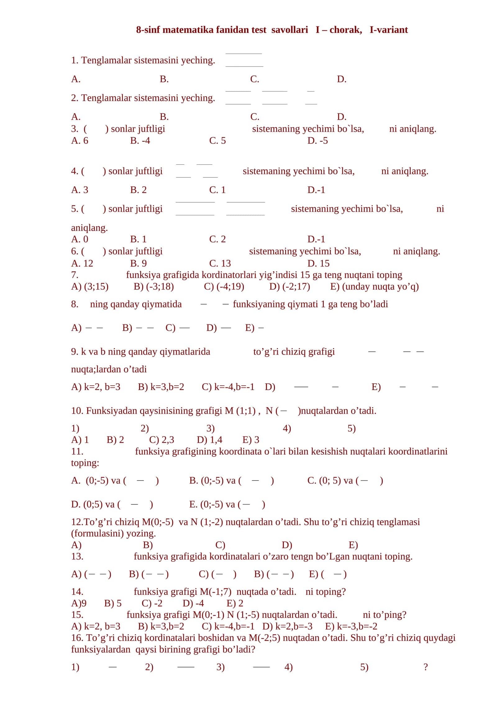 8-sinf matematika fanidan test savollari I – chorak, I-variant