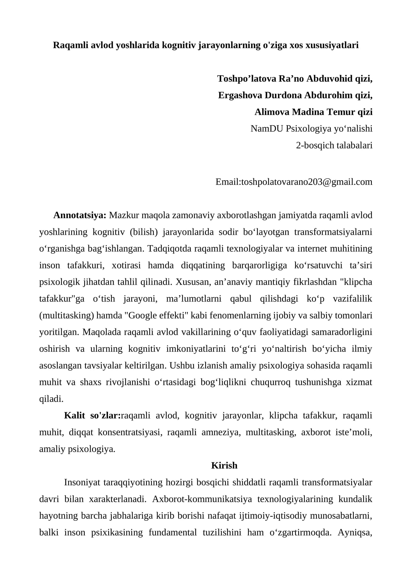 Maqola:Raqamli avlod yoshlarida kognitiv jarayonlarning o'ziga xos xususiyatlari