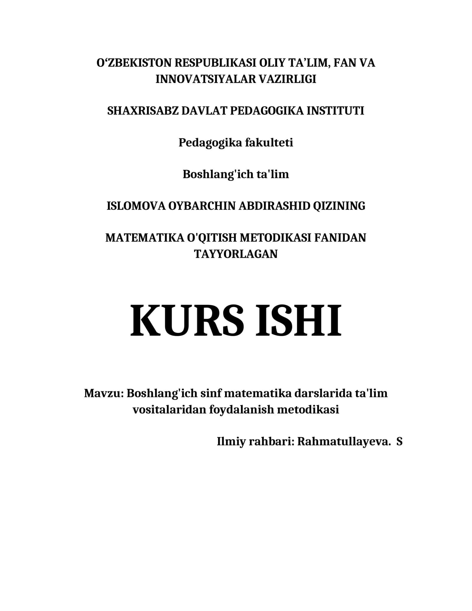 MATEMATIKA O'QITISH METODIKASI FANIDAN TAYYORLAGAN KURS ISHI
