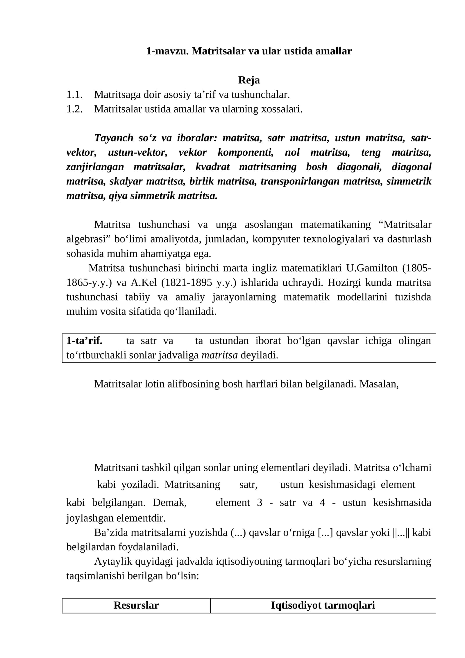 Matritsalar va ular ustida amallar