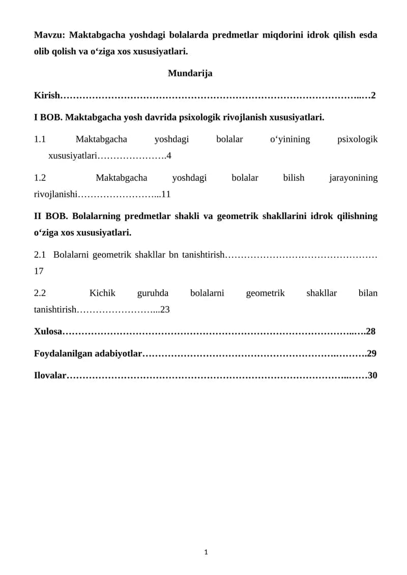 Maktabgacha yoshdagi bolalarda predmetlar miqdorini idrok qilish